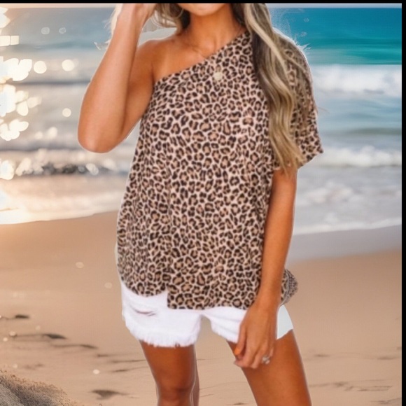 Trendy Animal Print Off A Shoulder Short Sleeve Loose Fit Super Soft Shirt - Picture 4 of 6
